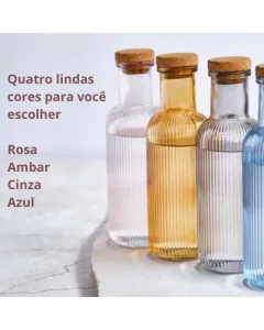 Garrafa de Vidro Canelada com Tampa de Cortiça | Cinza Azul Rosa Âmbar | 27 x 8cm